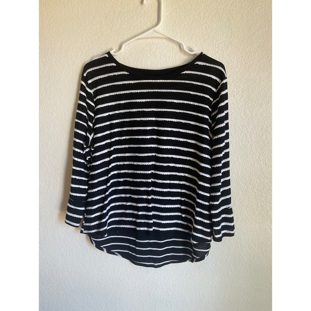 Elle XL Black White Striped Rickrack Knit Top Long Sleeve Scoop Neck Blouse